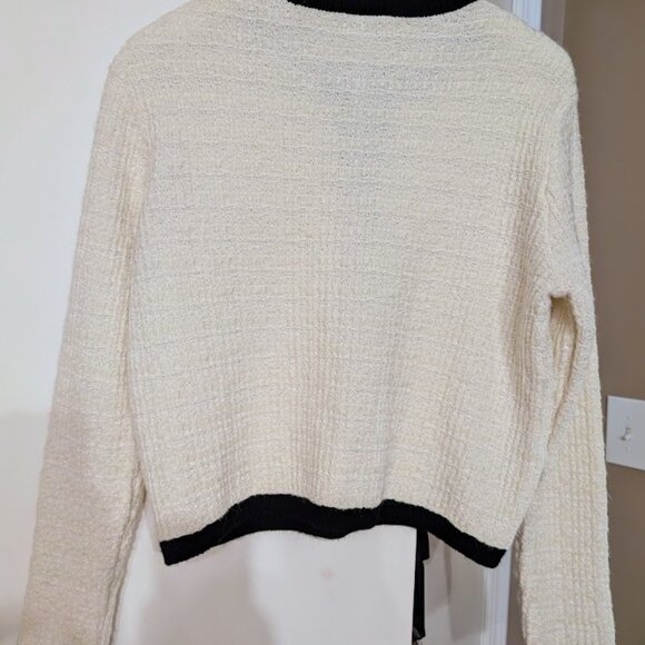 Mango MNG Pocket Tweed Cardigan Sweater Large Off White Black Cotton Blend EUC - Picture 12 of 15